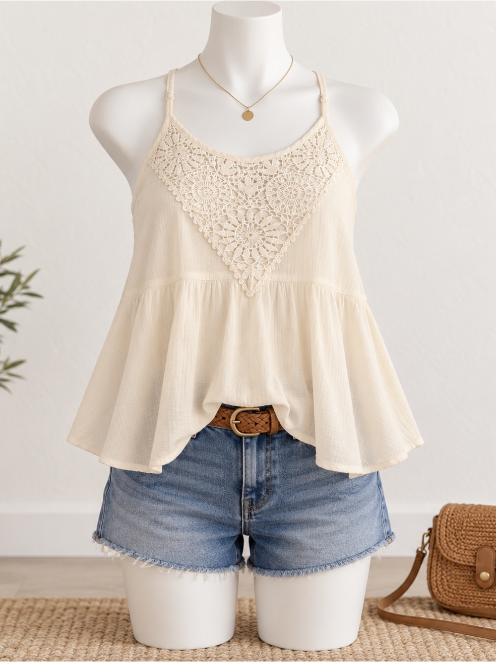 American Eagle Cream Crochet Babydoll Swing Tank Top Medium